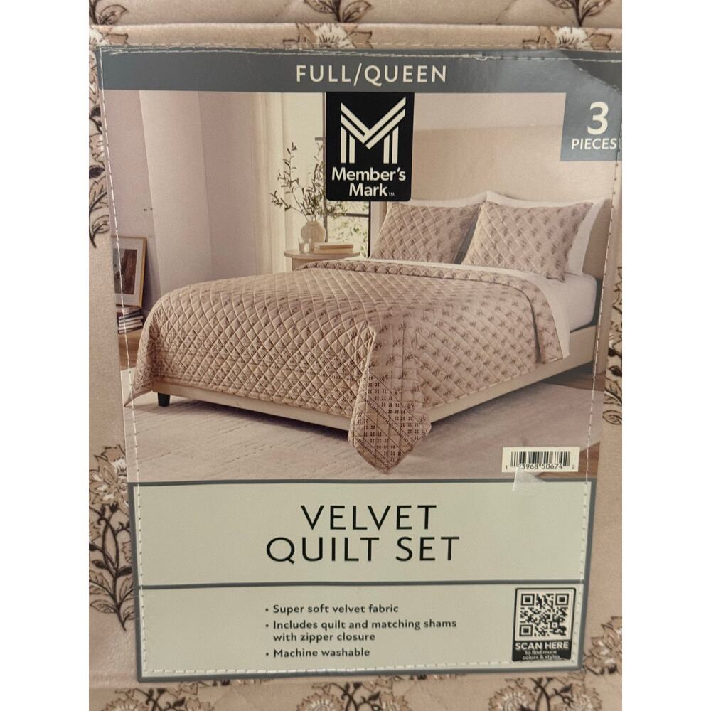 Member's Mark 3-Pc Printed Velvet Quilt Set-Neutral Cream - QUEEN -NEW in Pkg